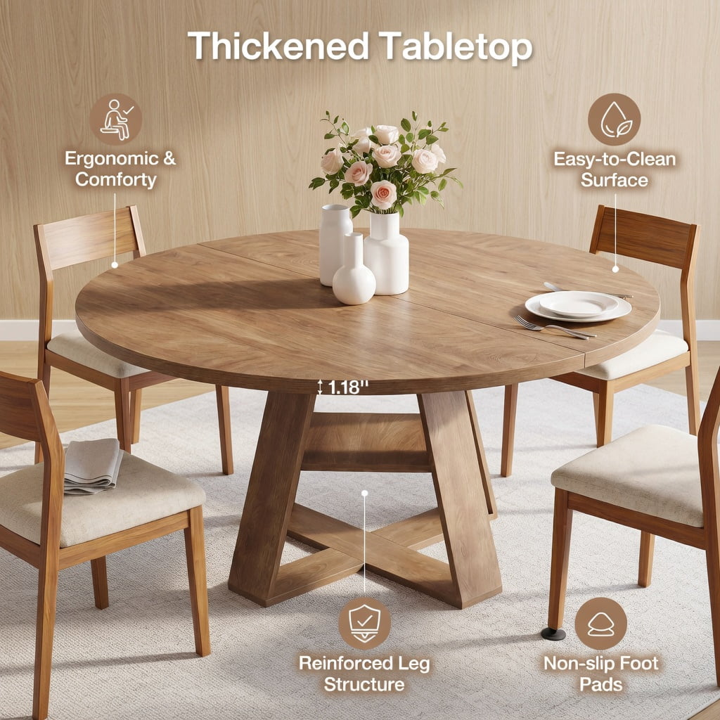 Hommoo 47.24 Inch Round Farmhouse Dining Table for 4-6 People, Kitchen Table with X-Cross Base & Built-in Storage Shelf, Walnut