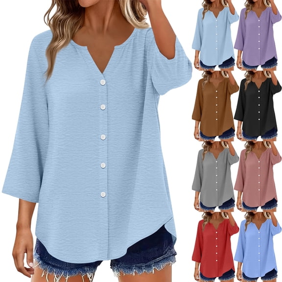 Button Down Shirts for Women 3/4 Length Sleeve Tops V Neck Blouses Business Casual Outfits Loose Fit Light Blue L