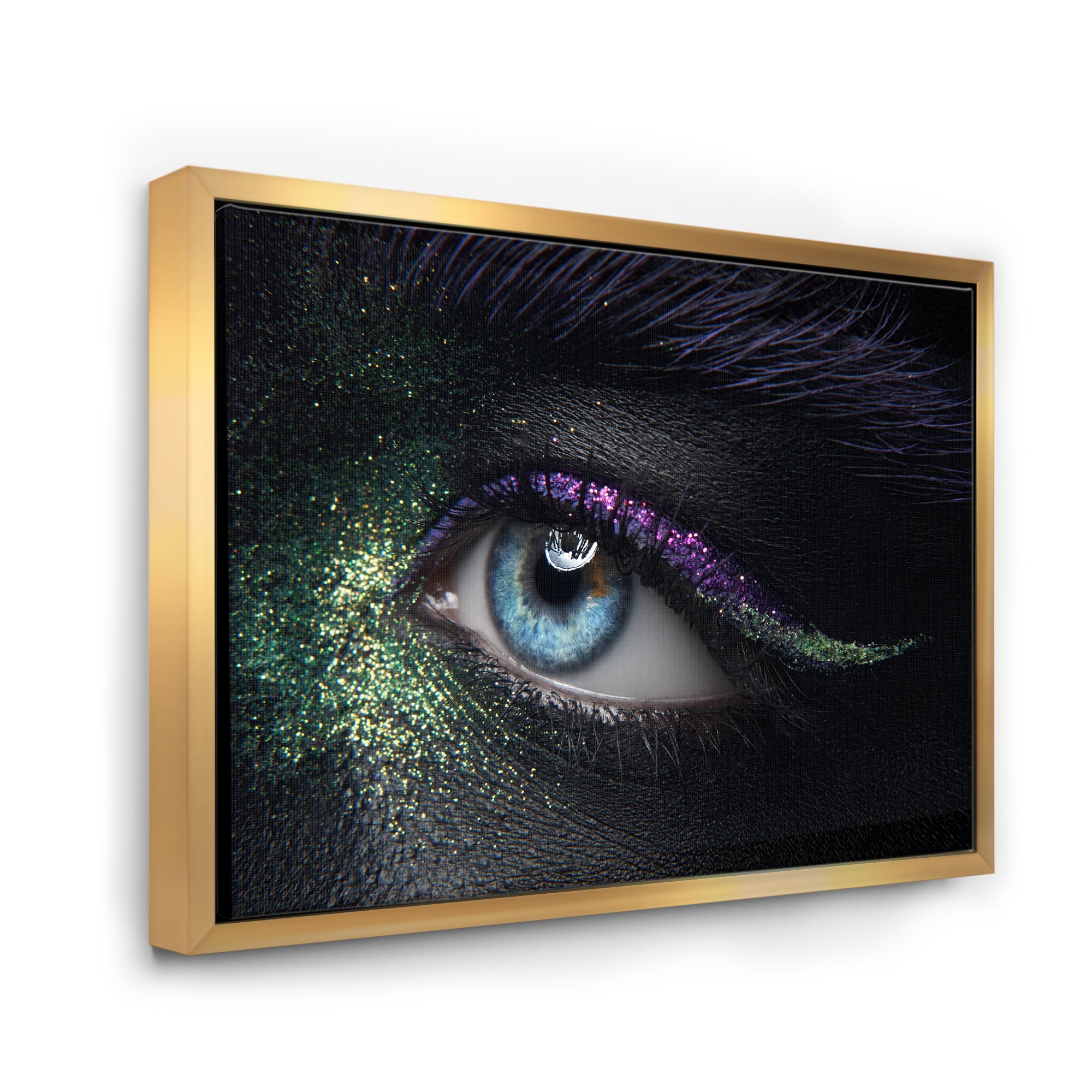 Woman Eyes With Green & Purple Pigment & Sparkles 32 in x 16 in Framed Photography Canvas Art Print, by Designart