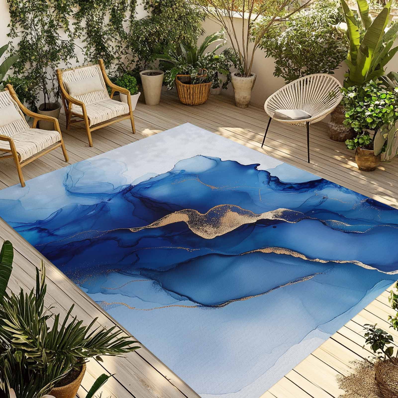 Outdoor Rug 5x8ft Abstract Ombre Blue Marble Large Area Rug White Modern Art Indoor Outdoor Carpet Outdoor Rugs Mats for Patio Camping,RV,Front Door, Outside Decor