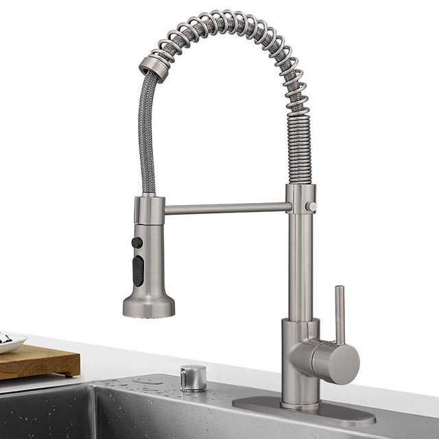 Hoimpro Grifo de cocina con resorte de latón con rociador desplegable con placa de cubierta, grifo para fregadero de cocina Rv con mangueras CUPC, 3 funciones, grifo de lavandería de una sola manija,
