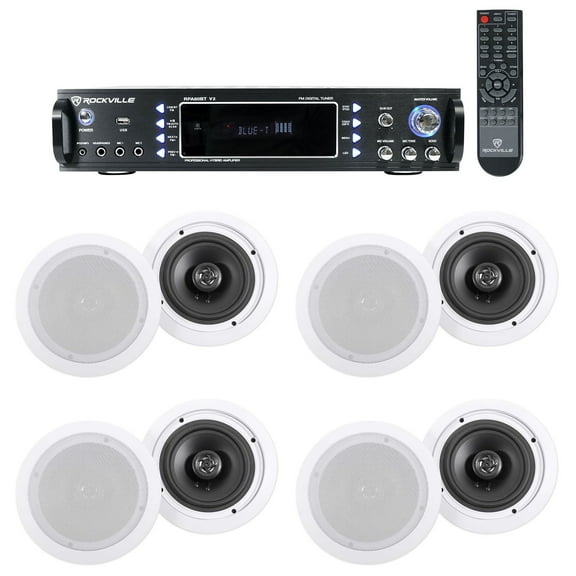 Rockville RPA60BT Home Theater Receiver Amplifier 8) 6.5" White Ceiling Speakers