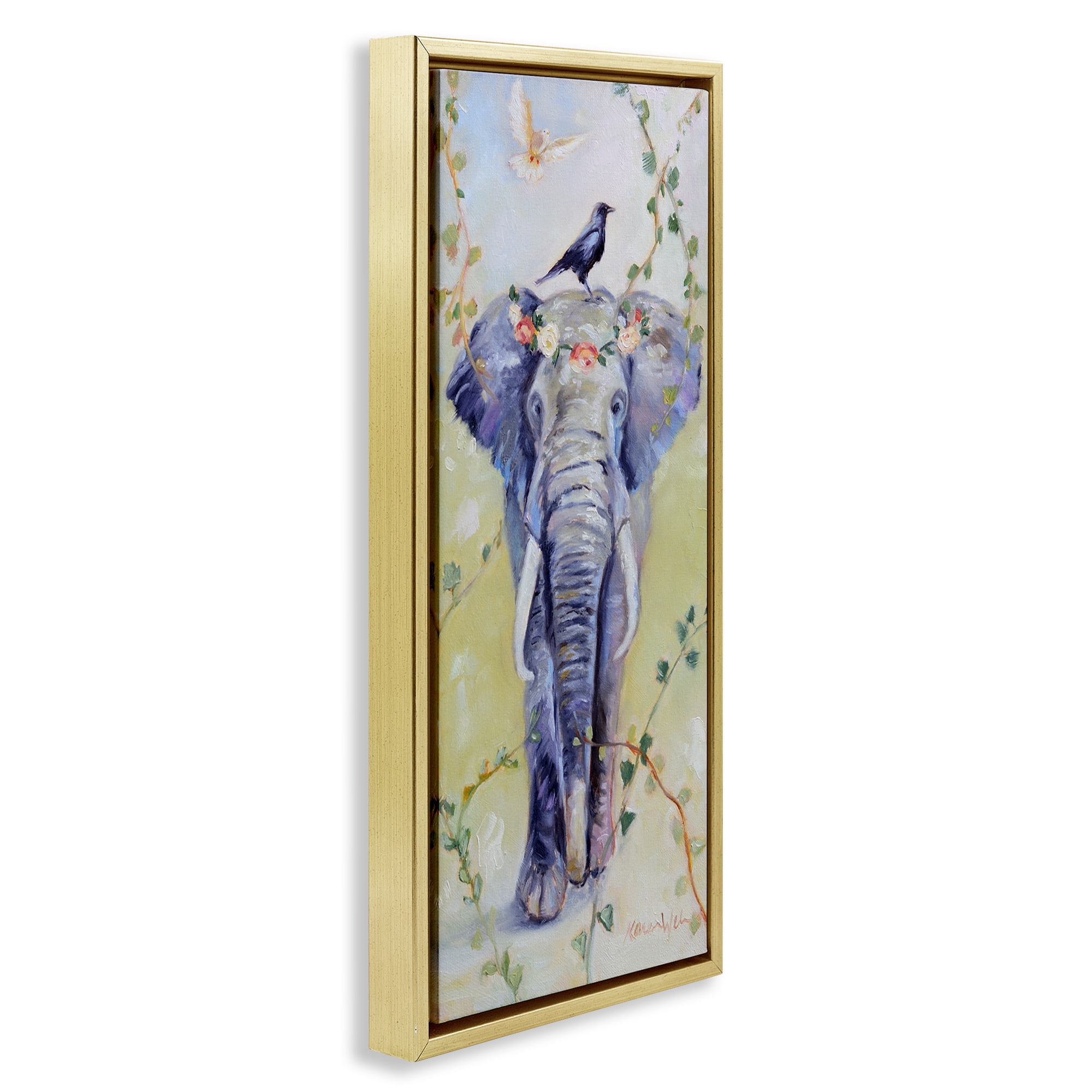 Stupell Industries Bohemian Elephant with Green Vines Animals & Insects Painting Gold Floater Framed Canvas Art Print Wall Art, 15 x 31