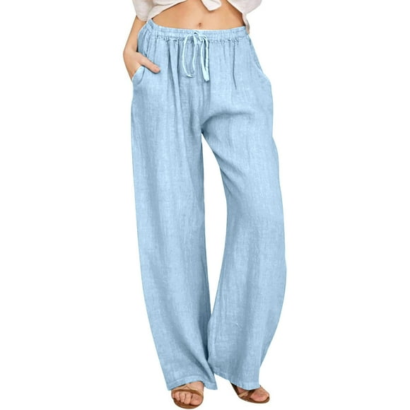 ZVAVZ Cotton Linen Casual Pants for Women,Ladies Elastic Waist Drawstring Straight Leg Trousers Comfy Baggy Yoga Pants Trousers for Beach Vacation Limited Time Deals Light Blue M