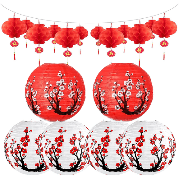 20 Pcs 12" Chinese Japanese Paper Lanterns and 8" Red Lanterns Hibachi Party Decorations Cherry Blossom Japanese Home Restaurant Hanging Decorations Asian Theme Party Supplies(Red, White)