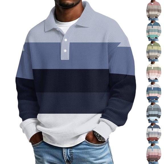Long Sleeve Polo Shirts for Men Waffle Henley Shirts with Collar Oversized Casual Button Up Shirt Golf Polo Shirt Sky Blue S