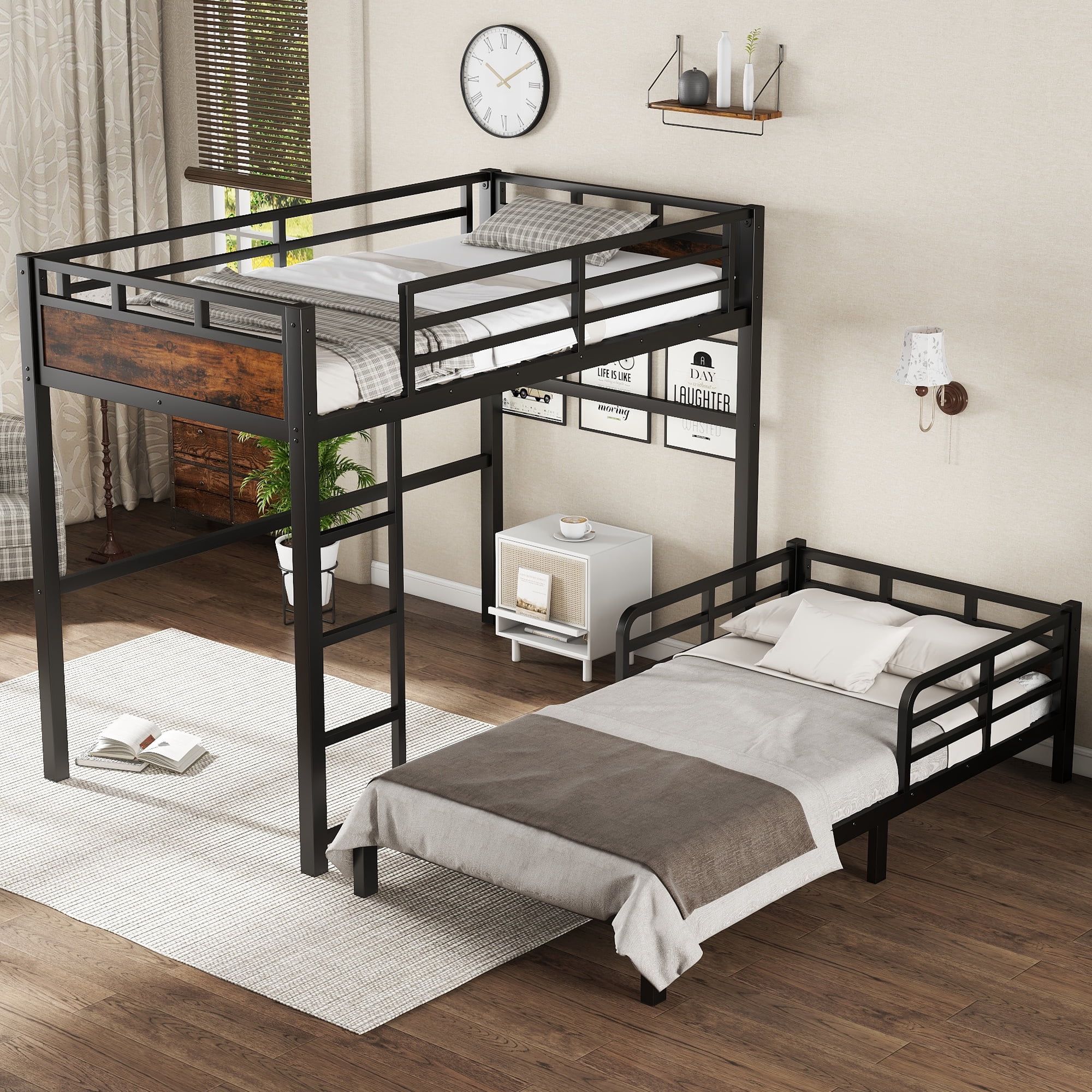 Leumius Twin XL Over Twin XL Metal Bunk Bed with Guardrails, Noise-free & Under-Bed Storage,Metal Loft Bed and Metal Platform Beds,Black