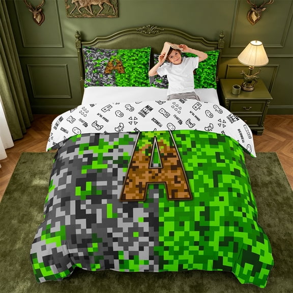 meiyoeat Classic Pixel Bedding For Boys,Monogram Letter A Duvet Cover Full,Reversible,3-Piece,1 Duvet Cover and 2 Pillowcases