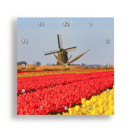 3dRose, Tulip fields and windmill. Het Zand, North Holland, Netherlands., 15x15 Wall Clock