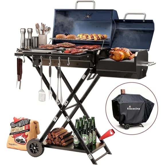 KScocina Portable Charcoal Grill and Smoker, 600 Sq. In. 2-in-1 Foldable Suitcase BBQ with Storage Rack, Wheels and Cover，Blue