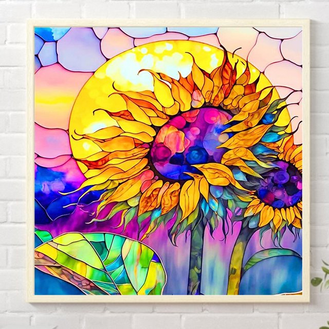 Cuadros Decorativos Diamond Painting 5D DIY Taladro Redondo Completo Vidrieras Girasol Decoración (HQ024) Wdftyju embutido en tela