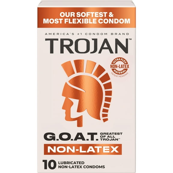 Trojan G.O.A.T. Latex-Free Lubricated Condoms for Men, Patent Pending Ultra Flex Non-Latex Material, Soft, Strong, Odorless & Colorless, 10 Count