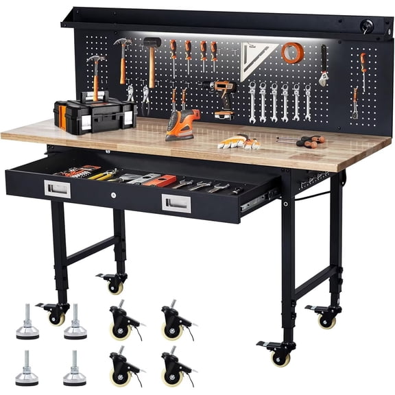 60 in Adjustable Workbench with Drawer Storage Rubber Wood Top Work Table for Garage Heavy Duty Worktable with Removable Pegboard Power Outlet Hooks Tool Storage Bench for Warehouse Workshop