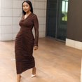 thumbnail image 3 of Women's Gauze Spliced V-Neck Long Sleeve Pleated Hips Wrapped Long Dress, Solid Color, 3 of 25