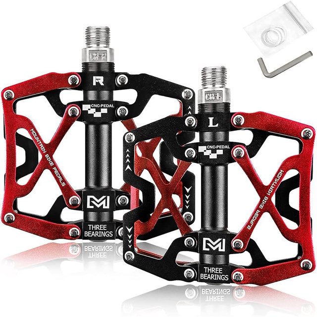 Pedales de bicicleta, pedales planos de Mtb, plataforma de cuerpo de aluminio CNC, diámetro de 9/16 pulgadas para bicicleta de montaña, bicicleta de carretera, negro y rojo