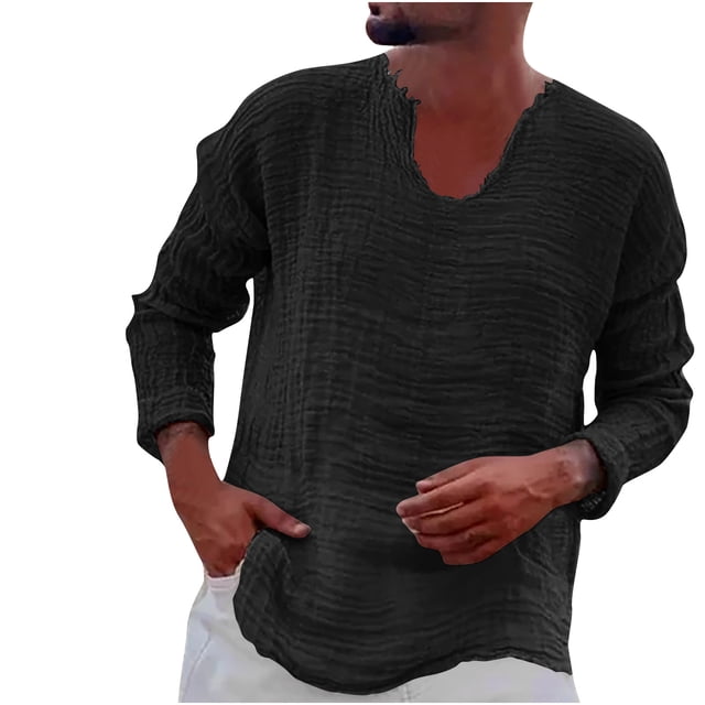 Yuyuzo Long Sleeve Shirts for Men Spring Fall Loose Casual V Neck Lightweight Solid Color Tee Tops