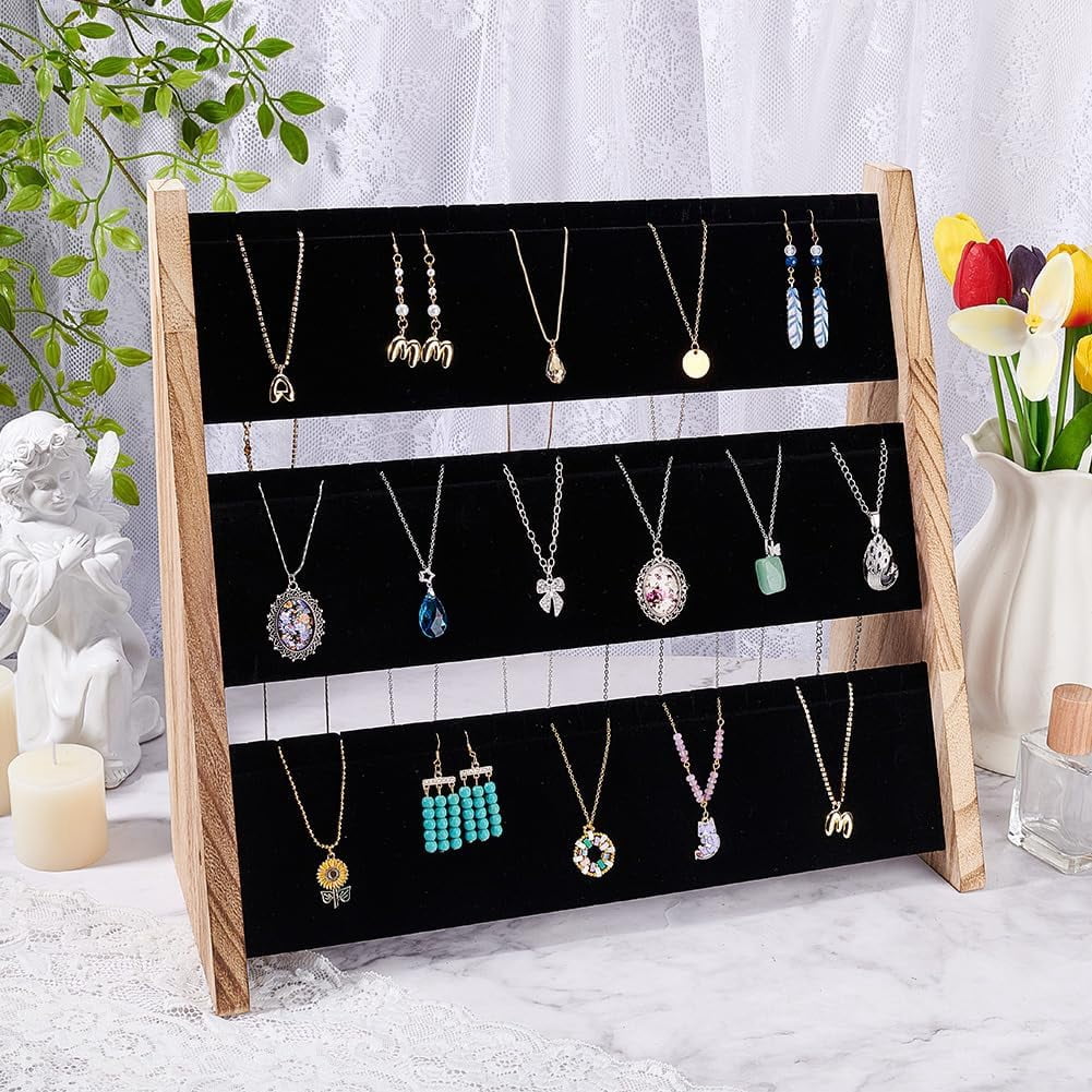 PH Necklace Jewelry Display Holder 3 Tier Wood Pendant Holder Display Stand with Black Velvet Large Capacity Necklace Organizer Stand Jewelry Display for Home or Selling Show for DIY