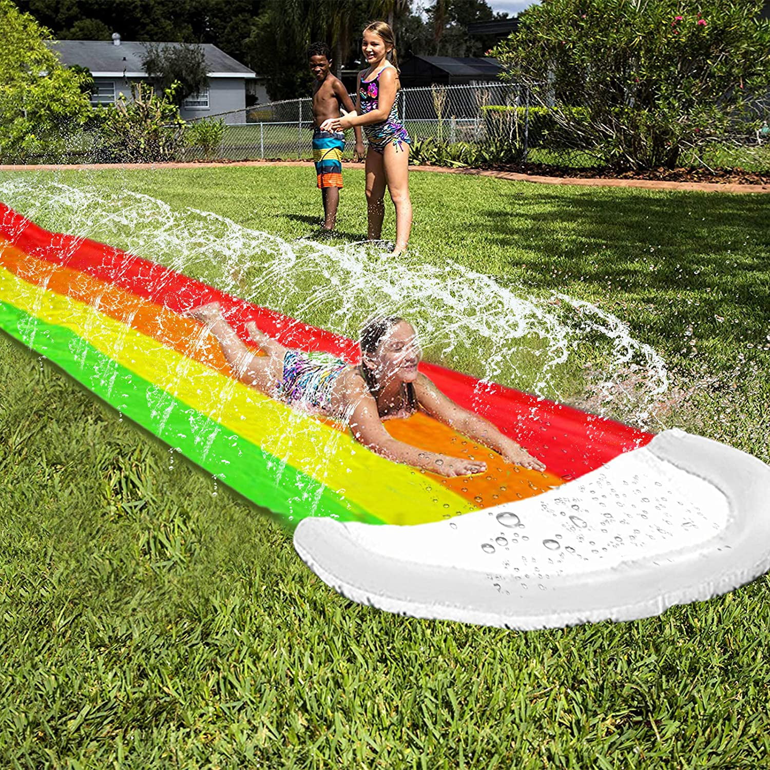 iGeeKid 14Ft Lawn Water Slides Rainbow Silp Slide with Spraying and Inflatable Crash Pad for Kids Boys Girls Children Lawn Garden Play Swimming Pool Games Outdoor Party Water Toys 