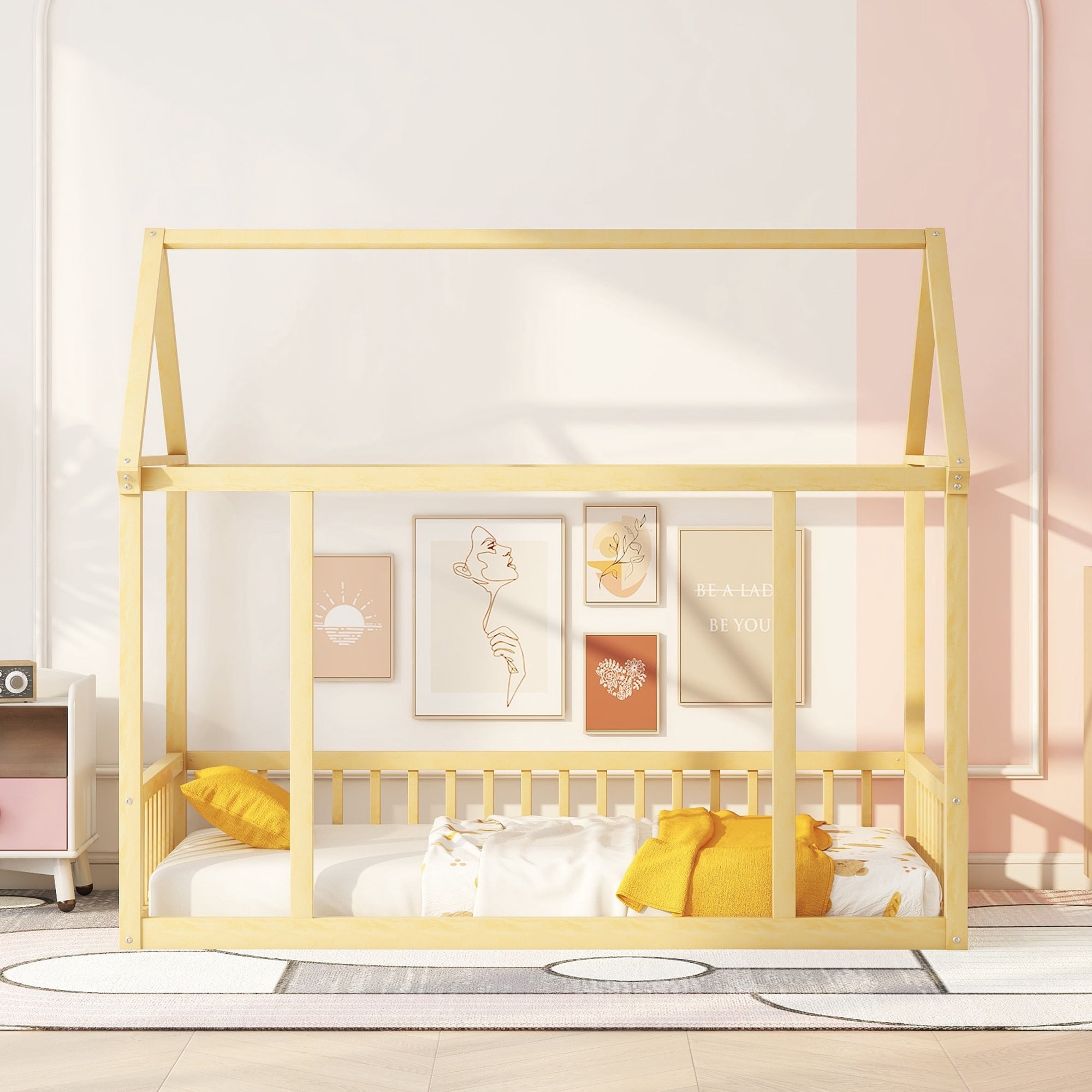 Bellemave Twin Size Wood House-Shaped Floor Bed with Fence, Guardrails, Montessori Floor Bed House Bed Frame with Roof (Twin, Natural)