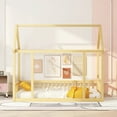 thumbnail image 2 of Bellemave Twin Size Wood House-Shaped Floor Bed with Fence, Guardrails, Montessori Floor Bed House Bed Frame with Roof (Twin, Natural), 2 of 12