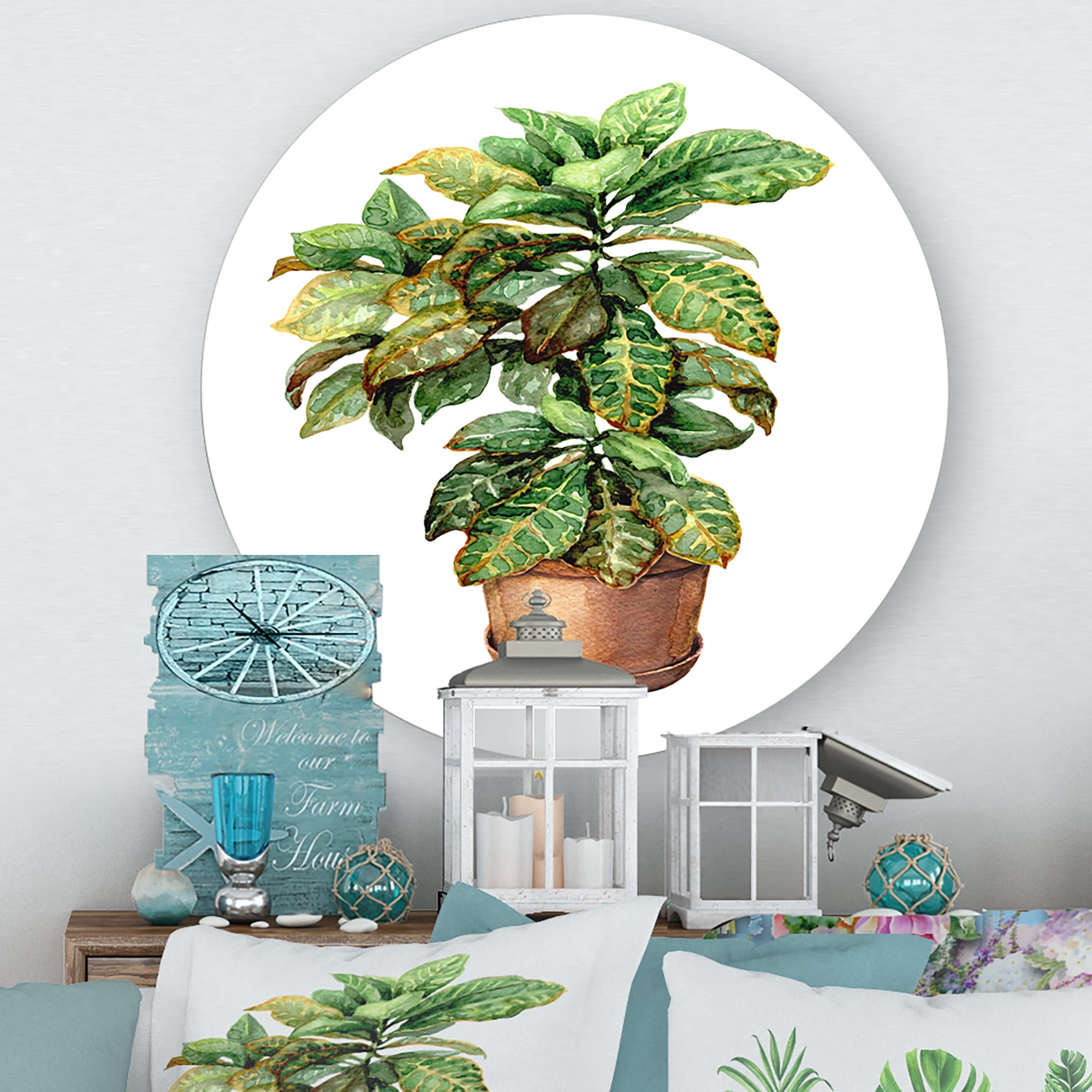 Designart 'Green Croton In Clay Flowerpot' Traditional Circle Metal Wall Art 11x11 - Disc of 11