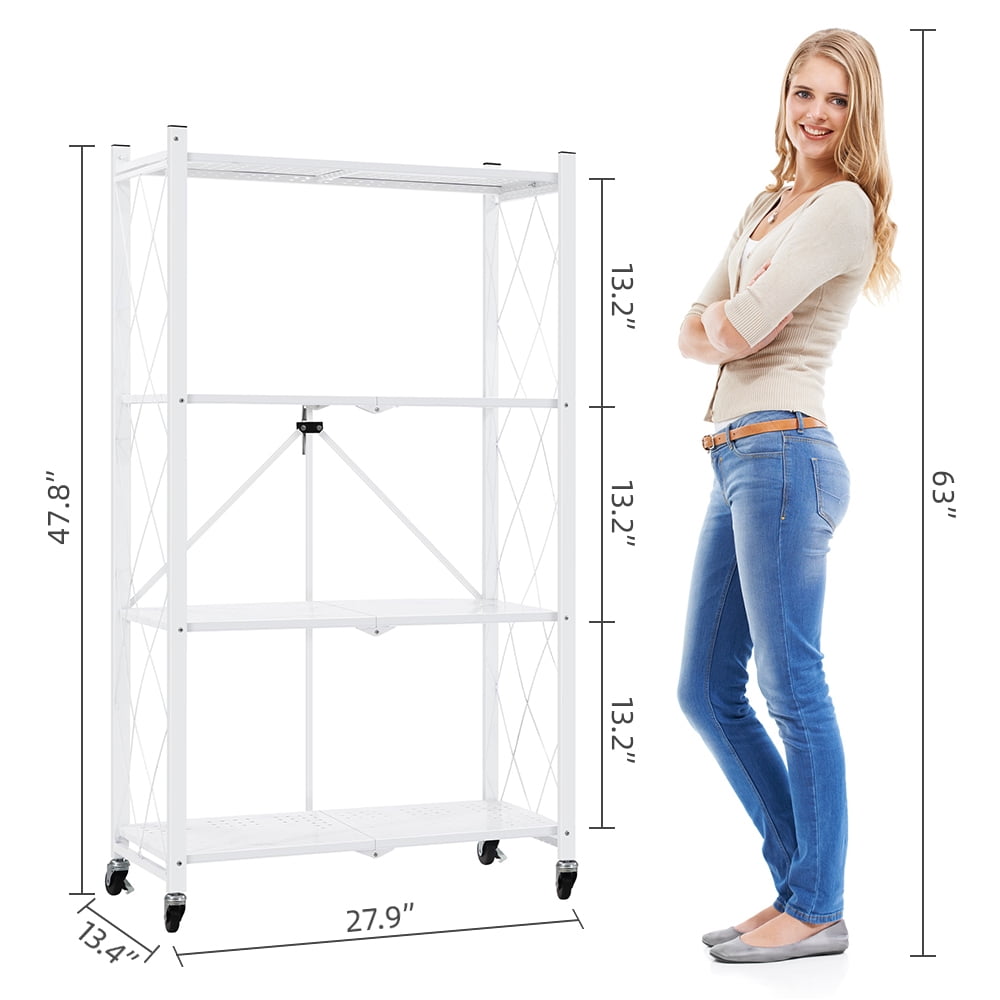 COOKCOK 4-Tier Storage Shelving Unit, Metal Shelf, Foldable Storage Shelf with Wheels, 27.9"x13.4"x49.72" Garage Shelf, Kitchen Shelf with 4 Hooks, No Assemble Require, White