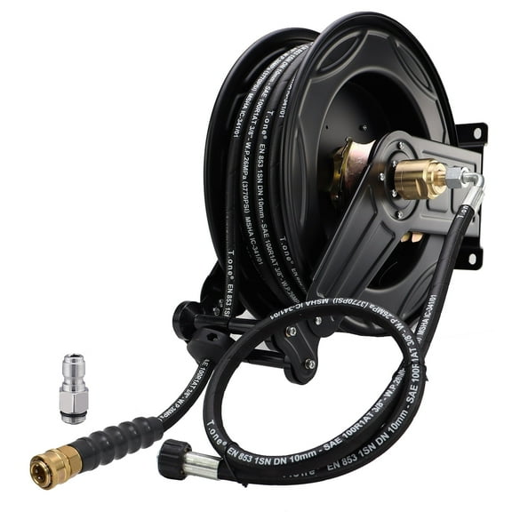 iMeshbean Retractable Power Pressure Washer Hose Reel, 3/8" x 50ft 4800PSI Rubber Hose,Wall Mount Garden Hose Holder, Auto Rewind Air Compressor Hose Reel, Heavy Duty Metal Hose Stand for Yard/Garden