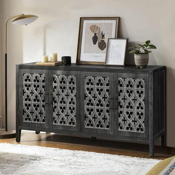 Hollow Four Door Antique Cabinet, American Country Style, Suitable for Living Room, TV Cabinet, Kitchen (Antique Black), Cabinets