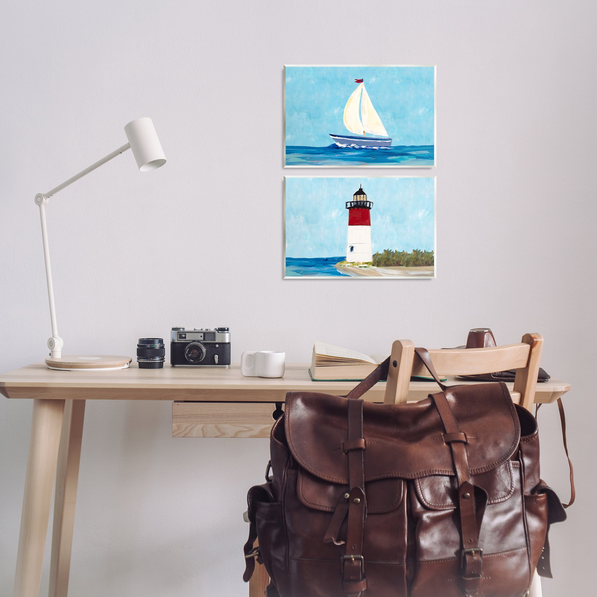 Stupell Industries Nautical Sail the Sea Lighthouse Nautical & Beach Painting Unframed Art Print Wall Art, 15 x 10, Set of 2