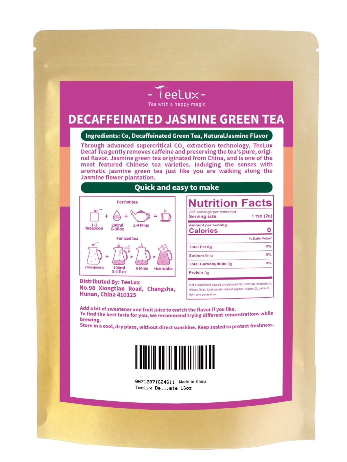 TeeLux Decaf Jasmine Green Tea, Decaffeinated Jasmine Scented Green Tea Loose leaf, Pleasant Aroma & Smooth Taste, 16oz