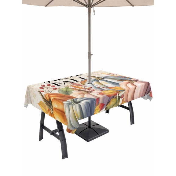 Outdoor Tablecloth with Umbrella Hole and Zipper, Thanksgiving Rectangle Table Cloth 60x84 Inch Waterproof Tablecloth, Pink Orange Blue Fall Pumpkin Fruit Butterfly Picnic Table Cover for Patio