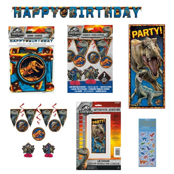 Jurassic World Birthday Party Supplies Decoration Bundle includes Happy Birthday Banner, Swirl Hanging Decorations, Door Poster, 1 Dinosaur Sticker Sheet