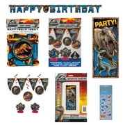 Jurassic World Birthday Party Supplies Decoration Bundle includes Happy Birthday Banner, Swirl Hanging Decorations, Door Poster, 1 Dinosaur Sticker Sheet