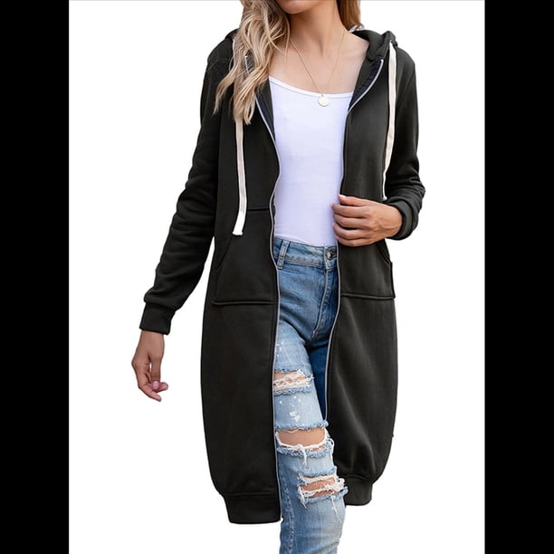 Sudadera con Capucha y Cremallera para Mujer, Chaqueta Informal de Larga para Otoño, Chaquetas Largas de Otoño con Bolsillos, Túnica Negro M