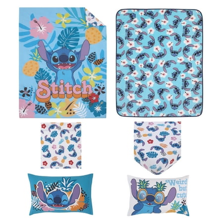 Disney Stitch 5-Pc Toddler Bed Set - Comforter, Fitted Sheet, Top Sheet, Pillowcase and Blanket, Aqua, Toddler Boy or Girl
