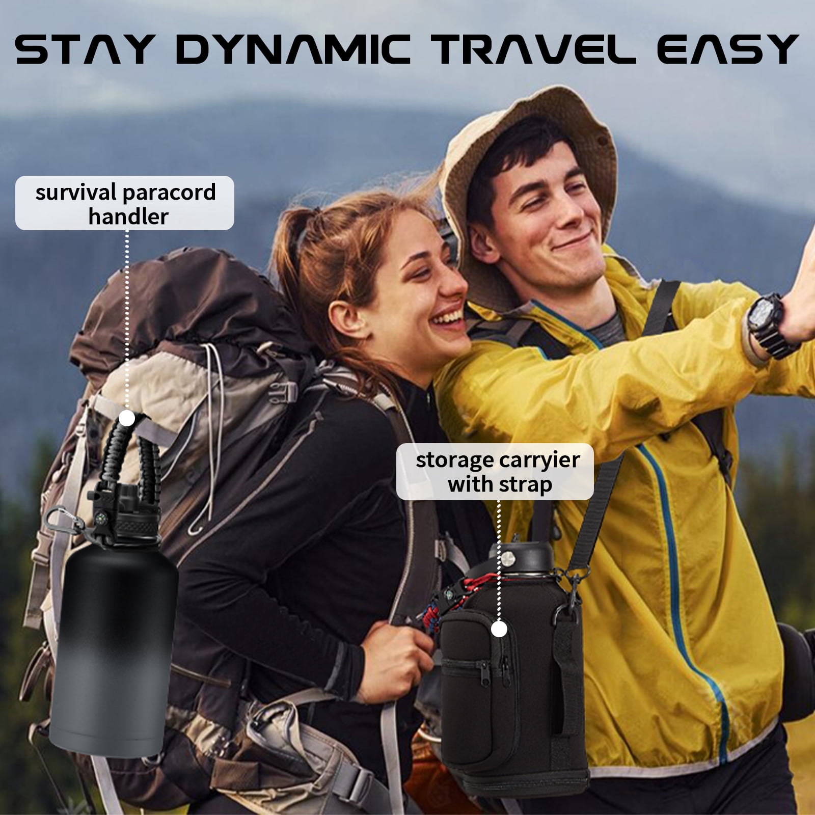 Half Gallon Insulated Water Bottle - with Straw & Spout Lid, Paracord Handle & Carrier Bag, Protective Cup Mat, Cold 48H Hot 24H, 64oz Stainless Steel Water Jug