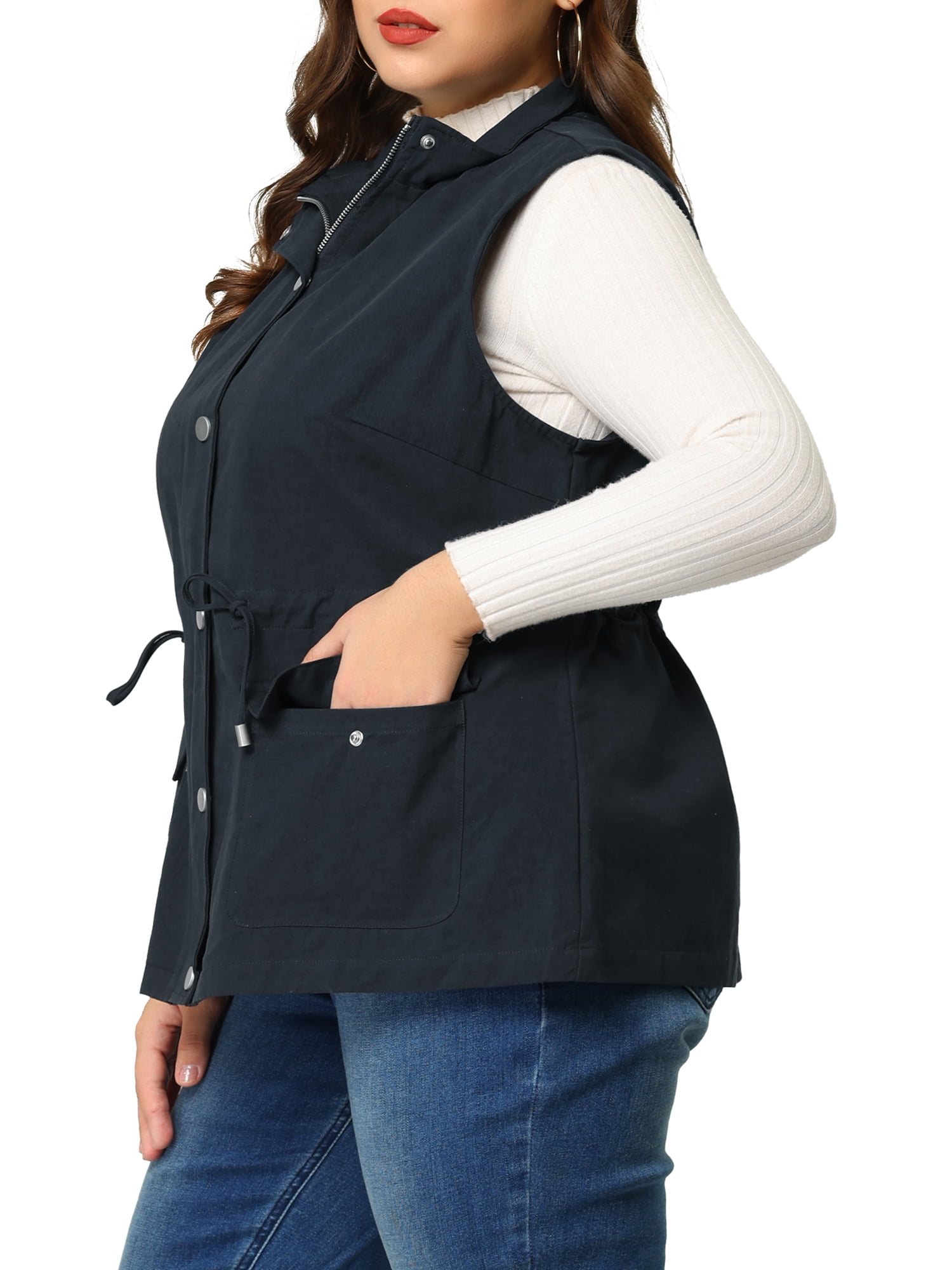 Unique Bargains Juniors' Plus Size Sleeveless Cargo Drawstring Waist Fashion Jacket Vest 3X Navy Blue
