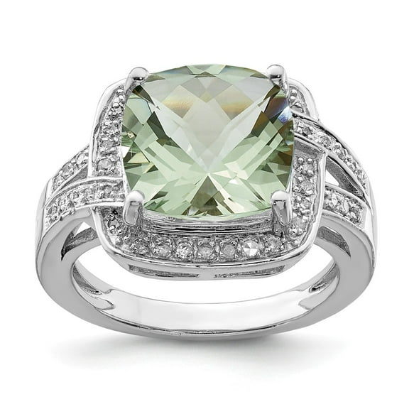 White Sterling Silver Ring Band Gemstone Prasiolite Cushion Green Diamond