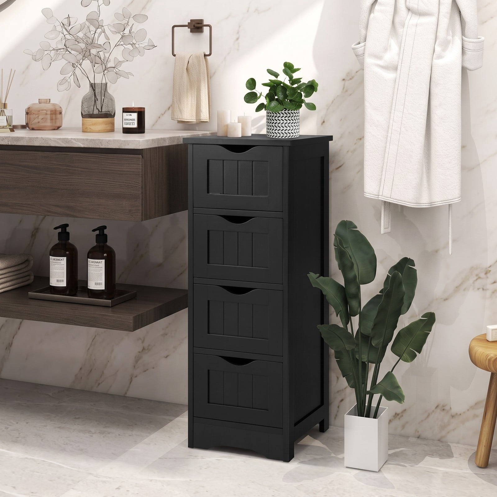 ALPULON 4-Drawer Freestanding Bathroom Floor Cabinet, Narrow MDF Storage Side Organizer with Anti-Toppling Device and Cut-Out Handles for Bathroom Living Room, Black