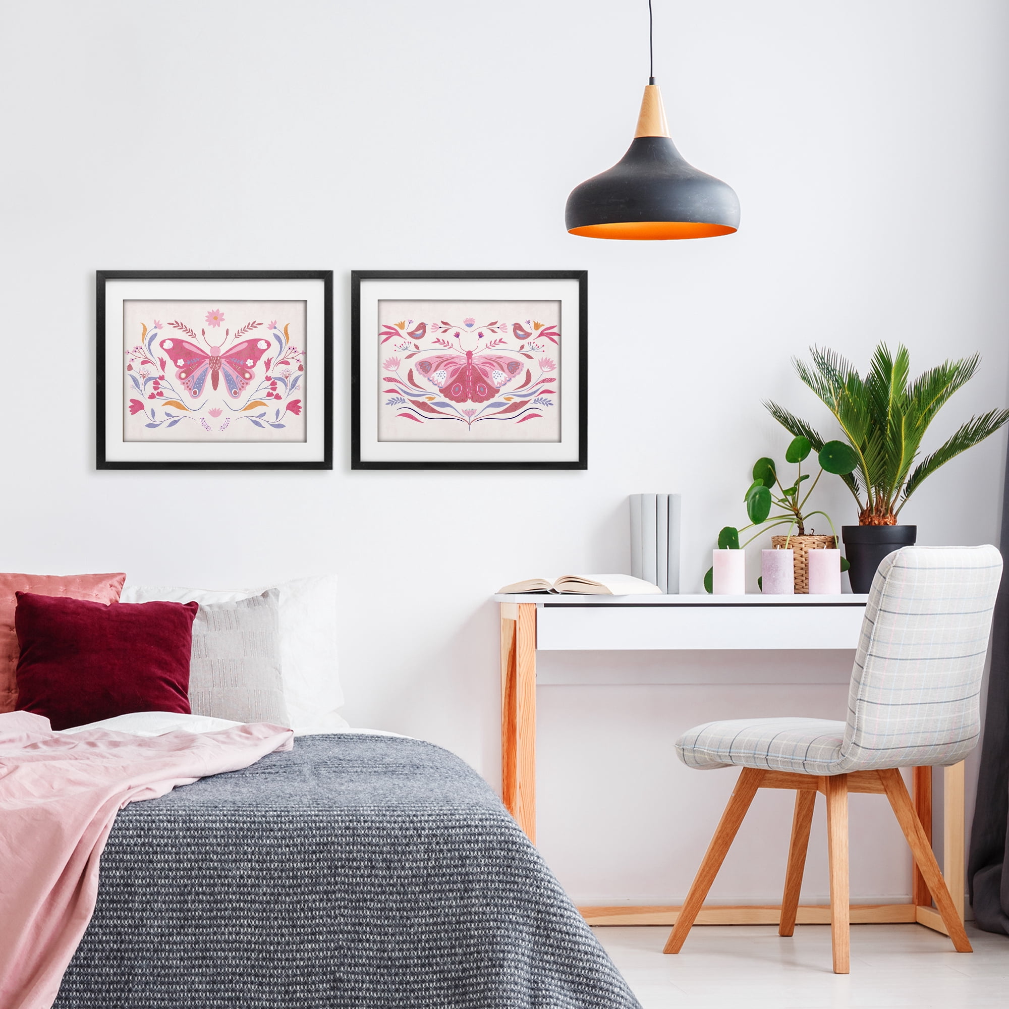 Stupell Industries Boho Folk Butterflies 2 Piece Black Framed Print Under Glass Set, design by Kim Allen