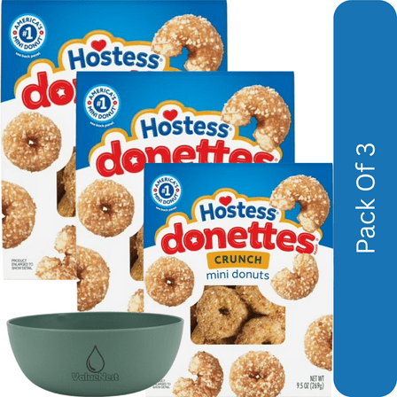 Hostess Donettes, Crunch Mini Donuts, 9.5 oz Bag-3pk, With Olive Green Bowl By ValueNest