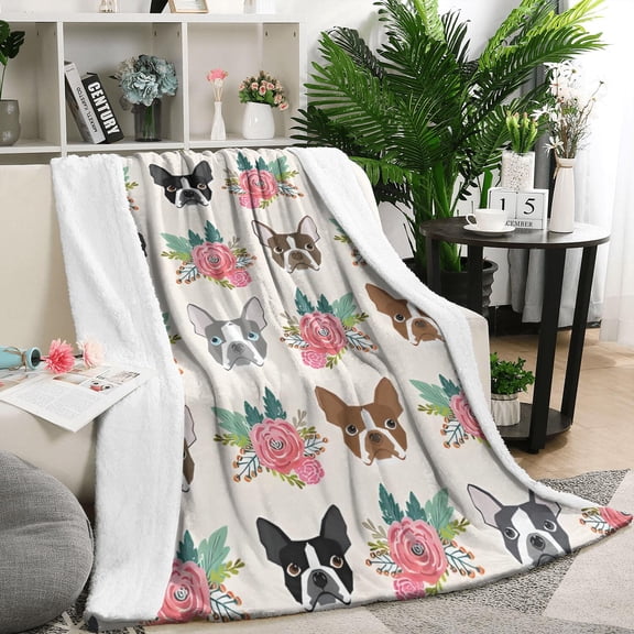 Boston Terrier Dog and Flower Florals Blanket,Comfortable Soft Flannel Throw Blanket,All Season,Warm Lightweight Blankets for Sofa Bed Couch Living Room Chair,50"x60"