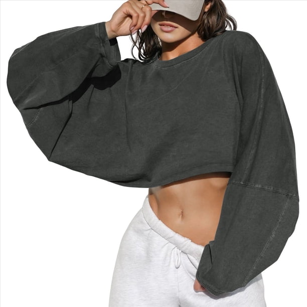 Sudaderas de Larga con Globo para Mujer, Sudaderas , Cuello Redondo Extragrande Gris Oscuro L