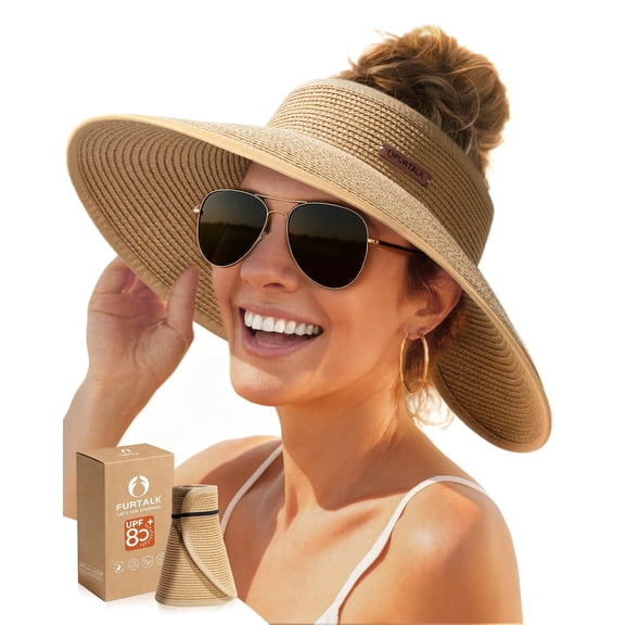 FURTALK Sun Hats for Women Wide Brim Beach Hat Straw Visor Ponytail Summer UV Packable Foldable Beach Vacation Essentials