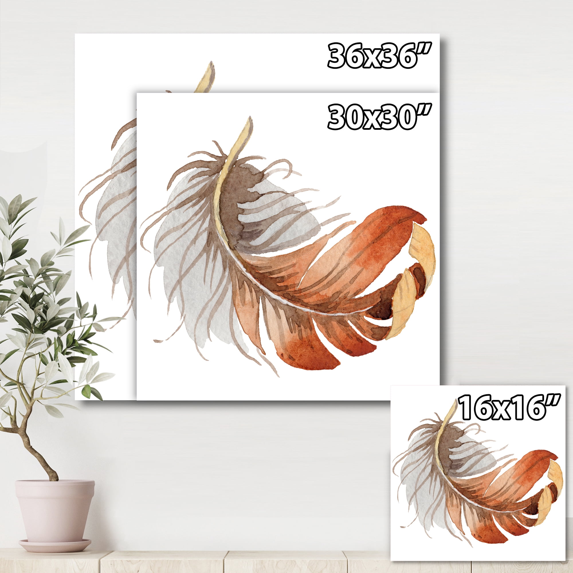 Designart ' Orange Ethnic Bird Feather On White ' Bohemian & Eclectic Canvas Wall Art Print
