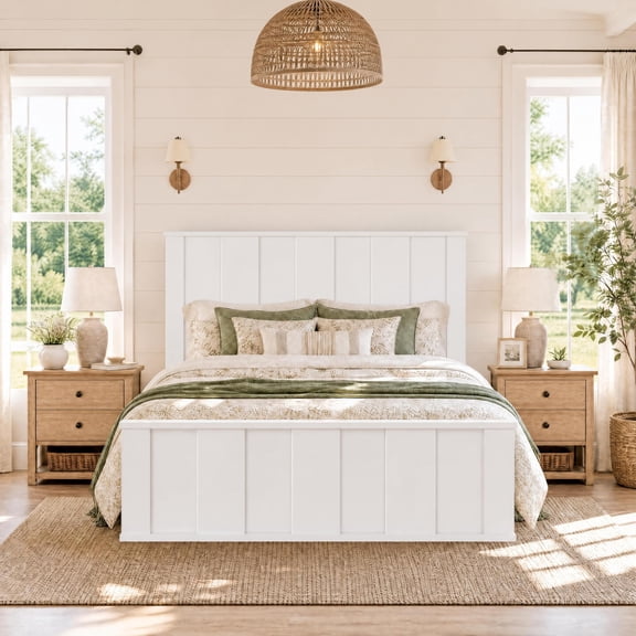 Farmhouse King‑Size Wooden Bed Frame with 50‑Inch Tall Upholstered White Headboard