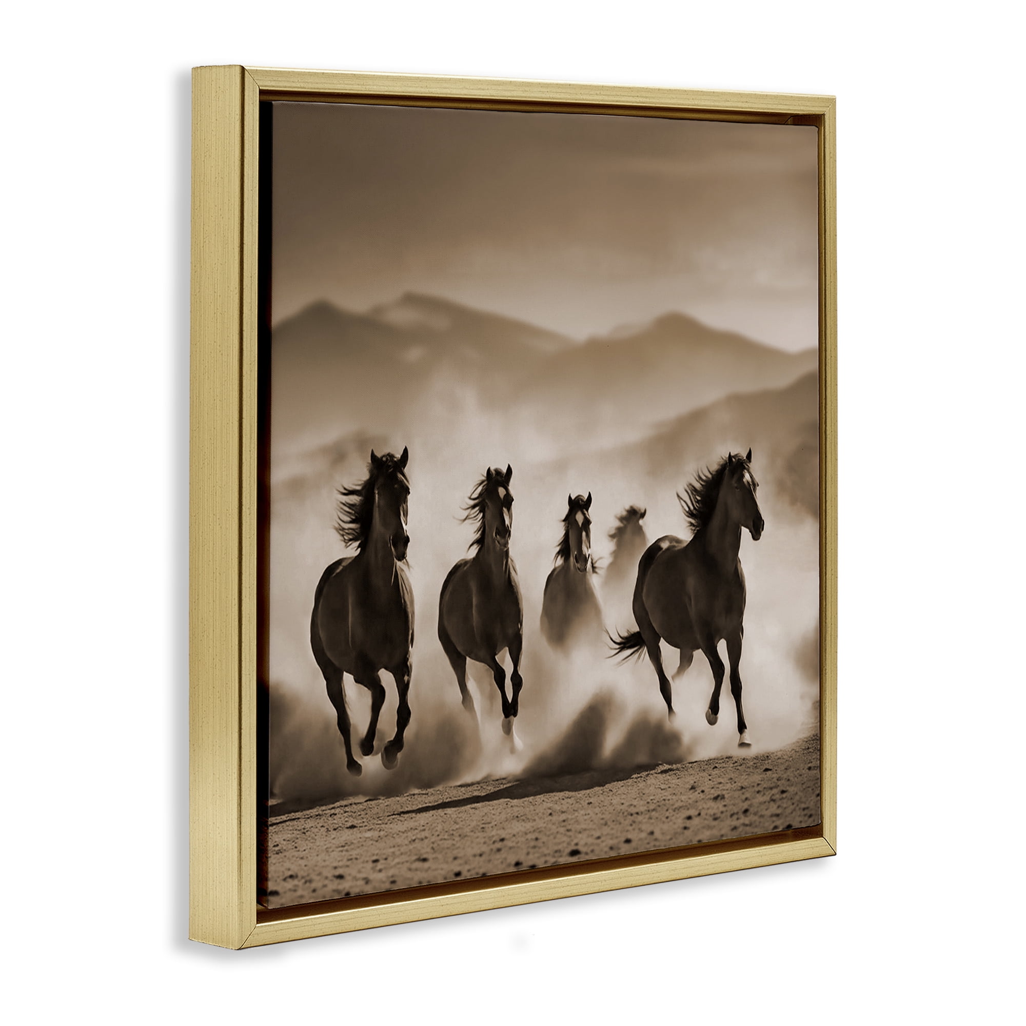Stupell Industries Trotting Mountain Stallions Animals Painting Gold Floater Framed Canvas Art Print Wall Art, 18 x 18
