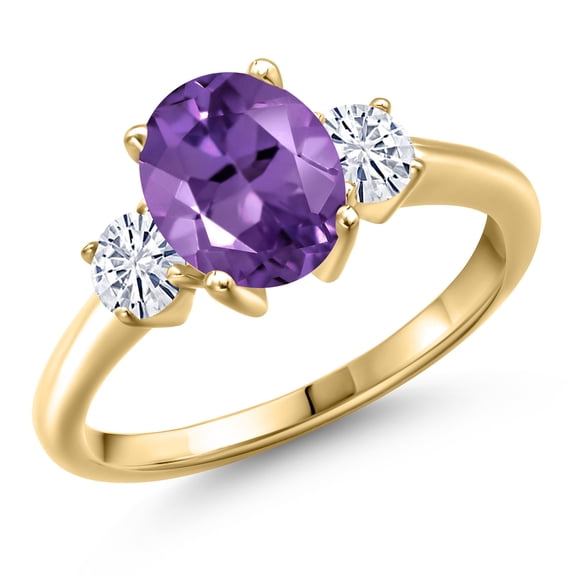 Gem Stone King 10K Yellow Gold Purple Amethyst and White Moissanite Engagement Ring for Women | 2.06 Cttw | Oval 9X7MM | Gemstone February Birthstone | Size 5