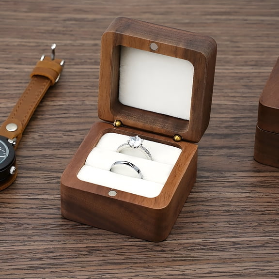 LAMIRO Couple Ring Box, Wood Vintage Jewelry Case Gift Boxes for Women, Square Ring Box for Wedding Proposal Photography