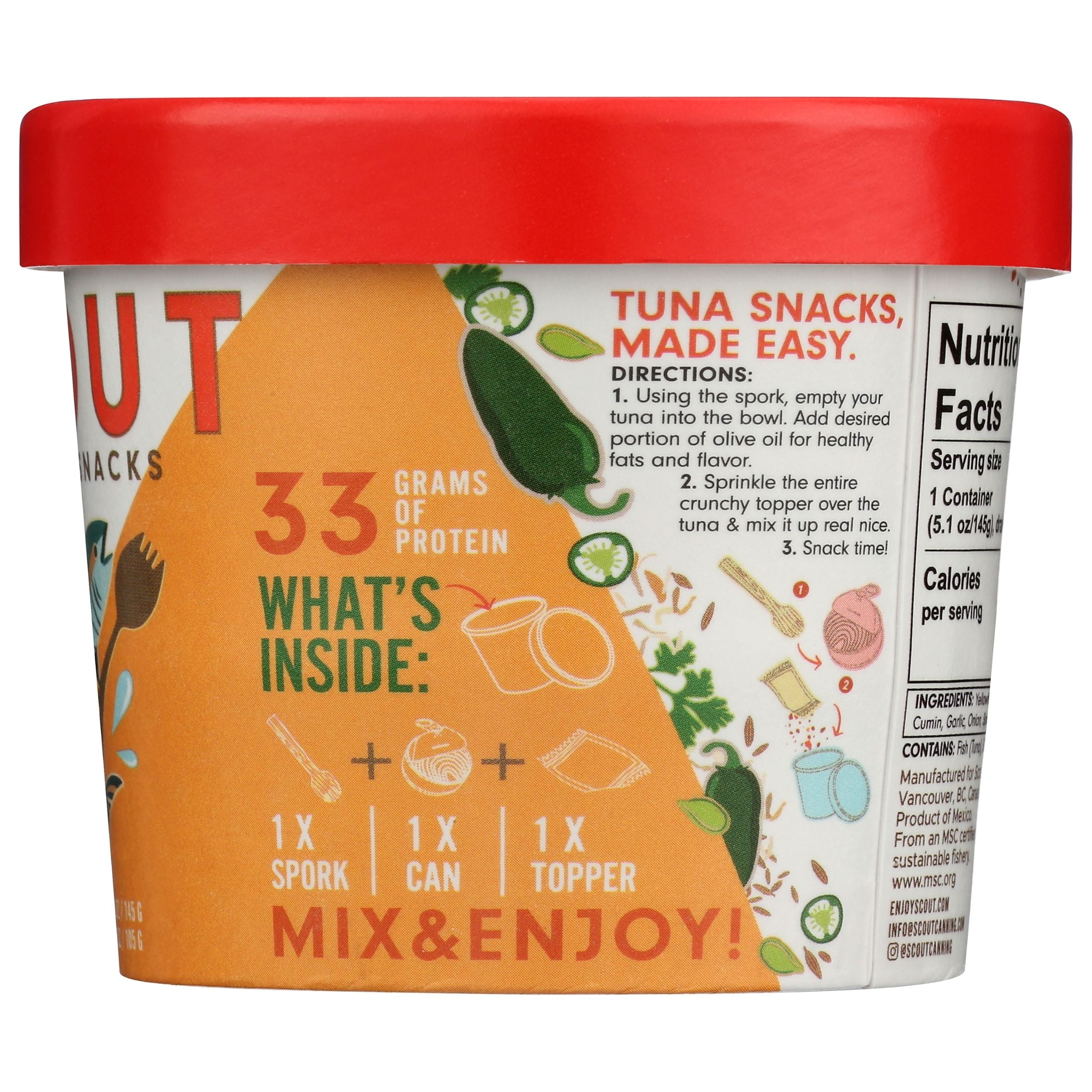 (6 pack) Scout Tuna Snack Kit, Chili Jalapeño, Wild Yellowfin Tuna + Crunchy Mix-in for 33g of Protein on the Go with Spork, 5.1oz Cup